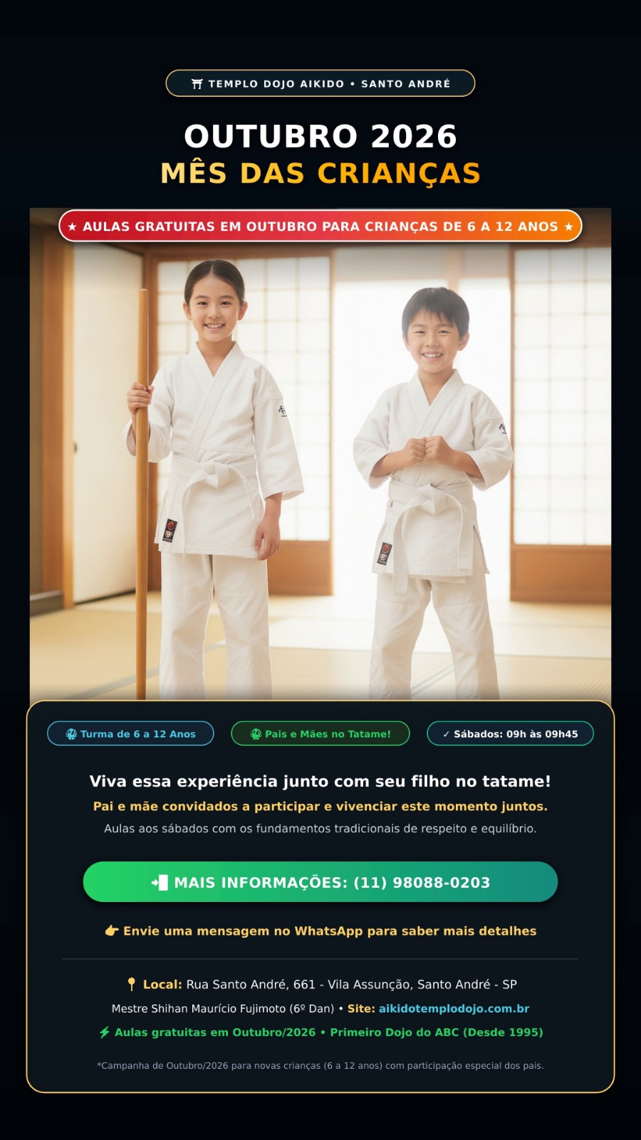 Divulgação das aulas de Aikido infantil do Templo Dojo
